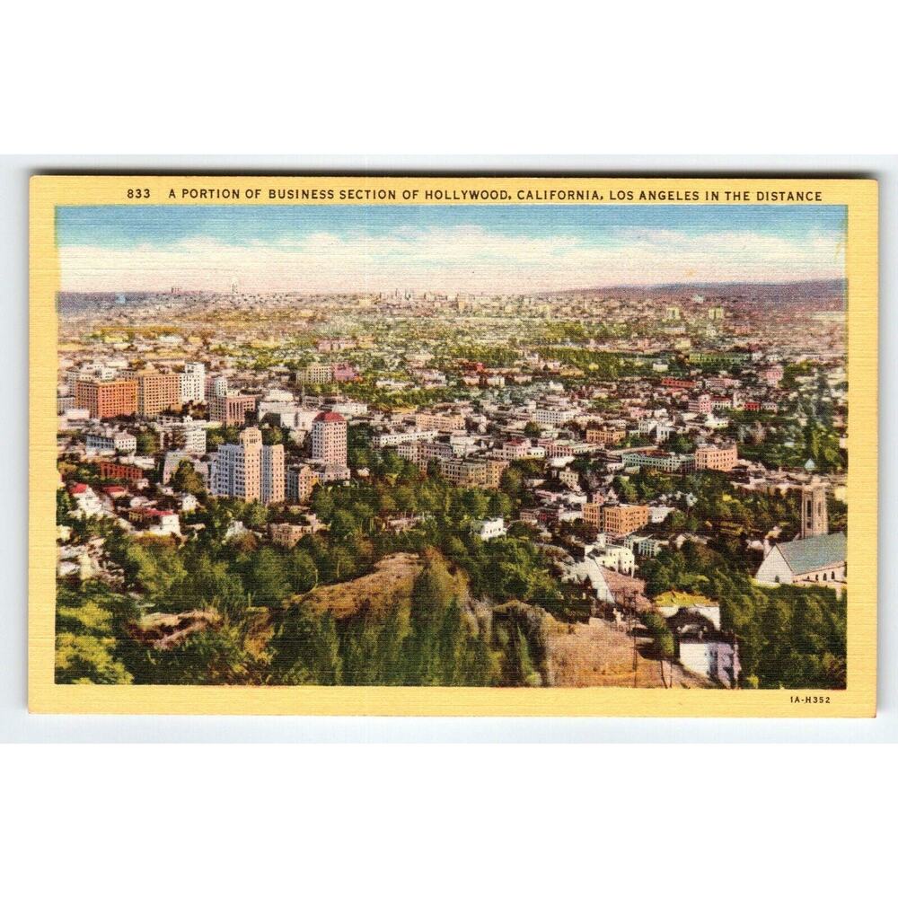 Business Section Hollywood California Linen Postcard 1940s Curt Teich Birds-Eye